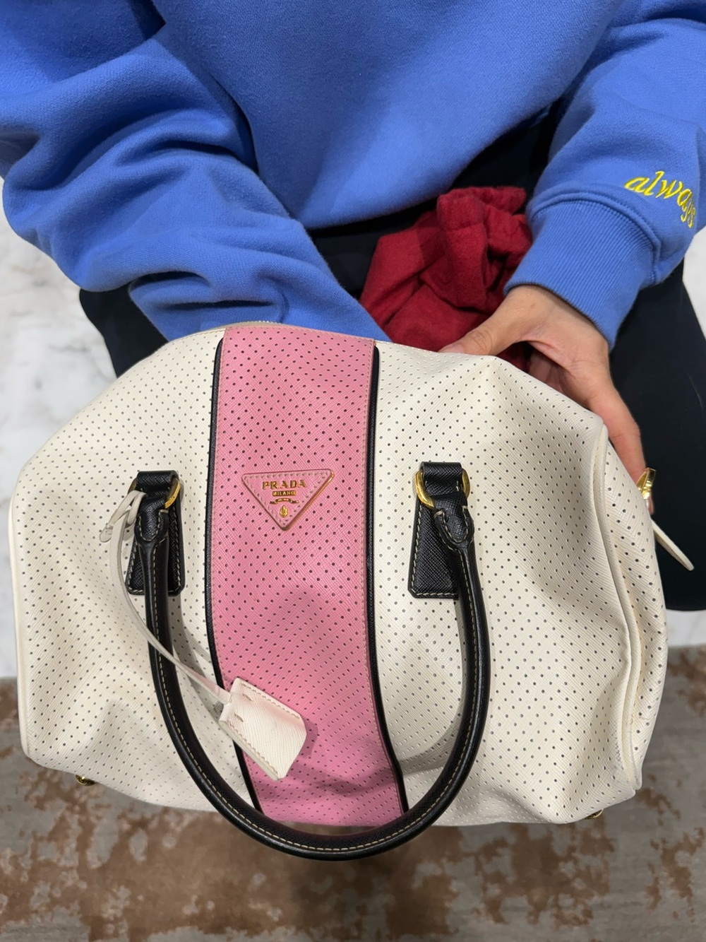 Prada Cream & Pink Perforated Leather Satchel with Black Handles